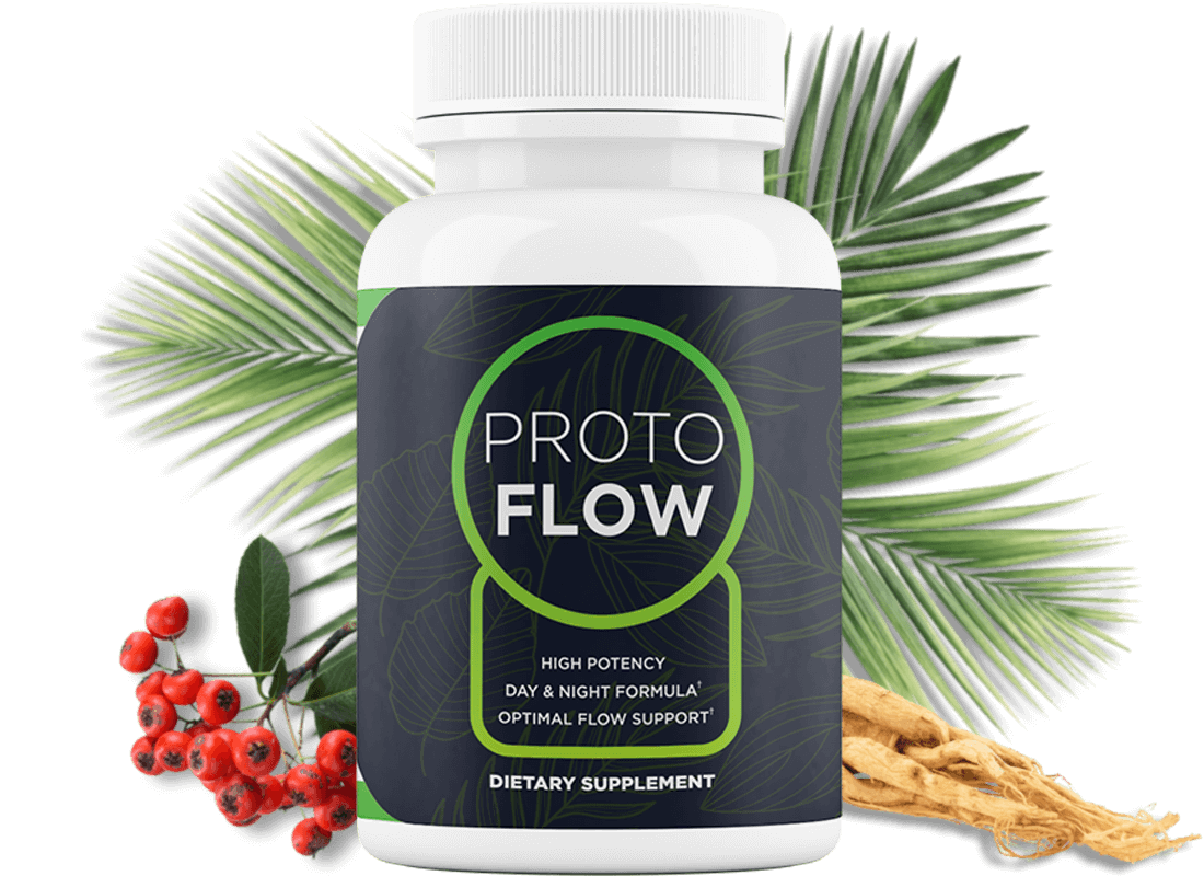 Protoflow supplement bottle with botanical imagery